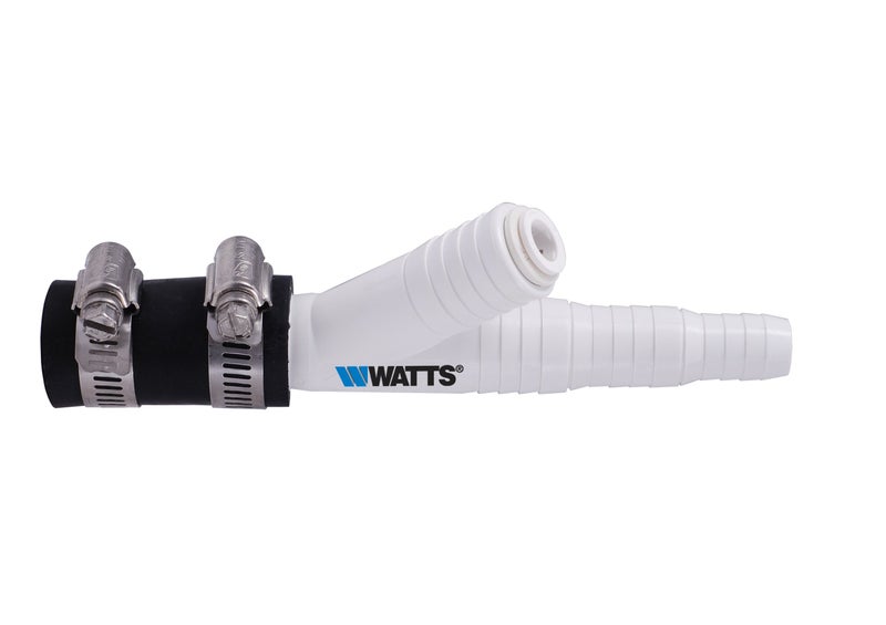 Watts Premier محول غسالة الصحون العالمية من واتس بريمير / خط تصريف إلى التخلص من القمامة لأنظمة التناضح العكسي، تركيب دفع وبارب، موصل خرطوم، مشابك خرطوم من الفولاذ المقاوم للصدأ البحرية، لا حاجة للحفر - Image 1